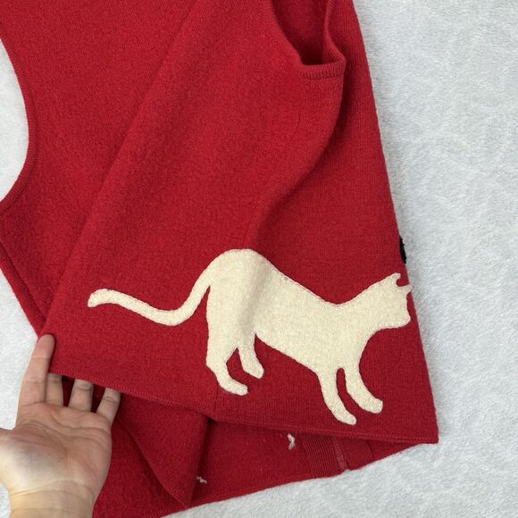 Coldwater Creek Boiled Wool Sweater Vest Womens M Red Playing Cats Grandmacore - Picture 5 of 10